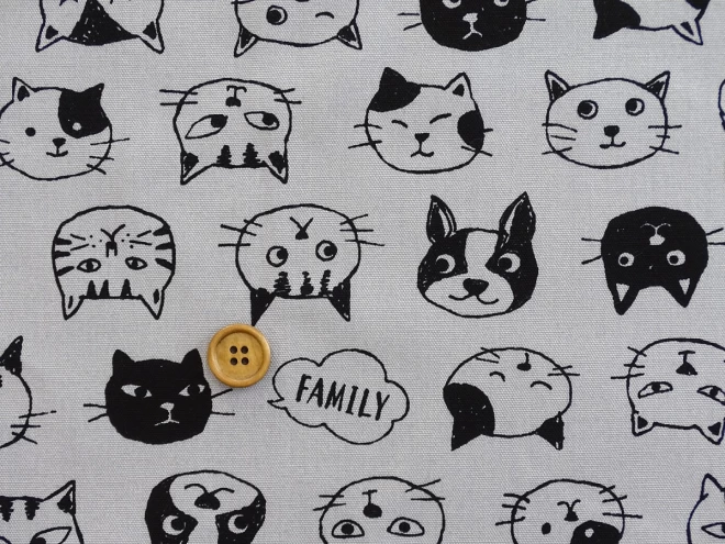 ねこ柄 『CAT FACE』 オックス【30cm以上10cm単位】生地　綿100％　モノトーン　日本製／アニマル柄 ネコ 猫 犬 白猫 黒猫 クロネコ 三毛猫 キジトラ くろねこ 入園入学 バッグ ポーチ エプロン カーテン