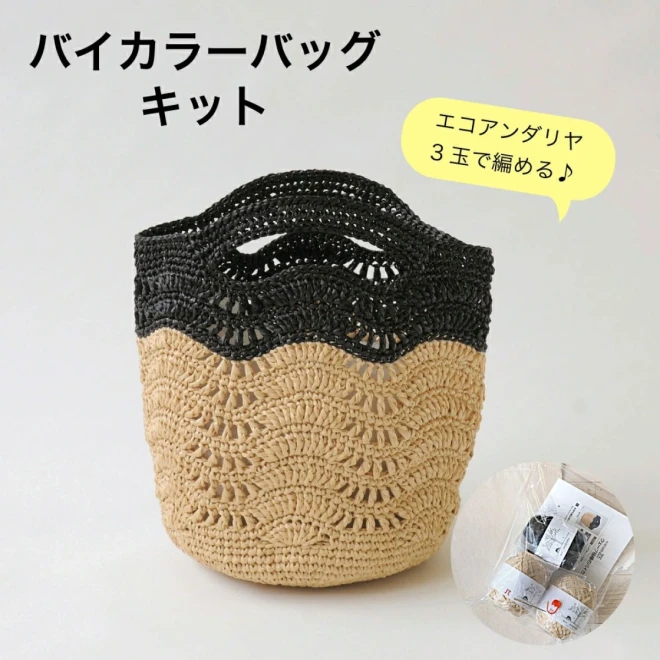 3玉で編める【ウェーブ模様のバイカラーバッグ】編み物キット