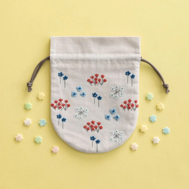 【星あかりの刺繍手帖】丸巾着袋 刺しゅうキット『うたかた』No.556