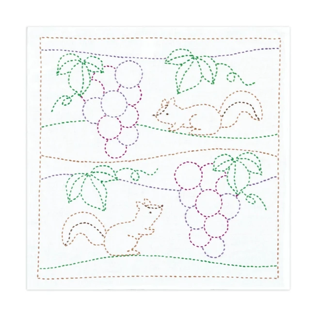 刺し子 花ふきんキット『梅とうぐいす』『ぶどうとリス』